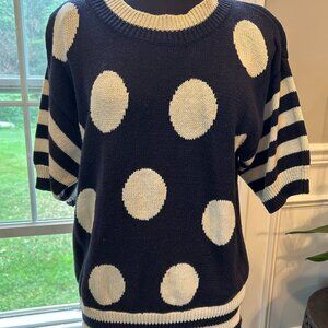 Vintage Chunky Knit Sweater - Navy Blue Polka Dot - Women's Large